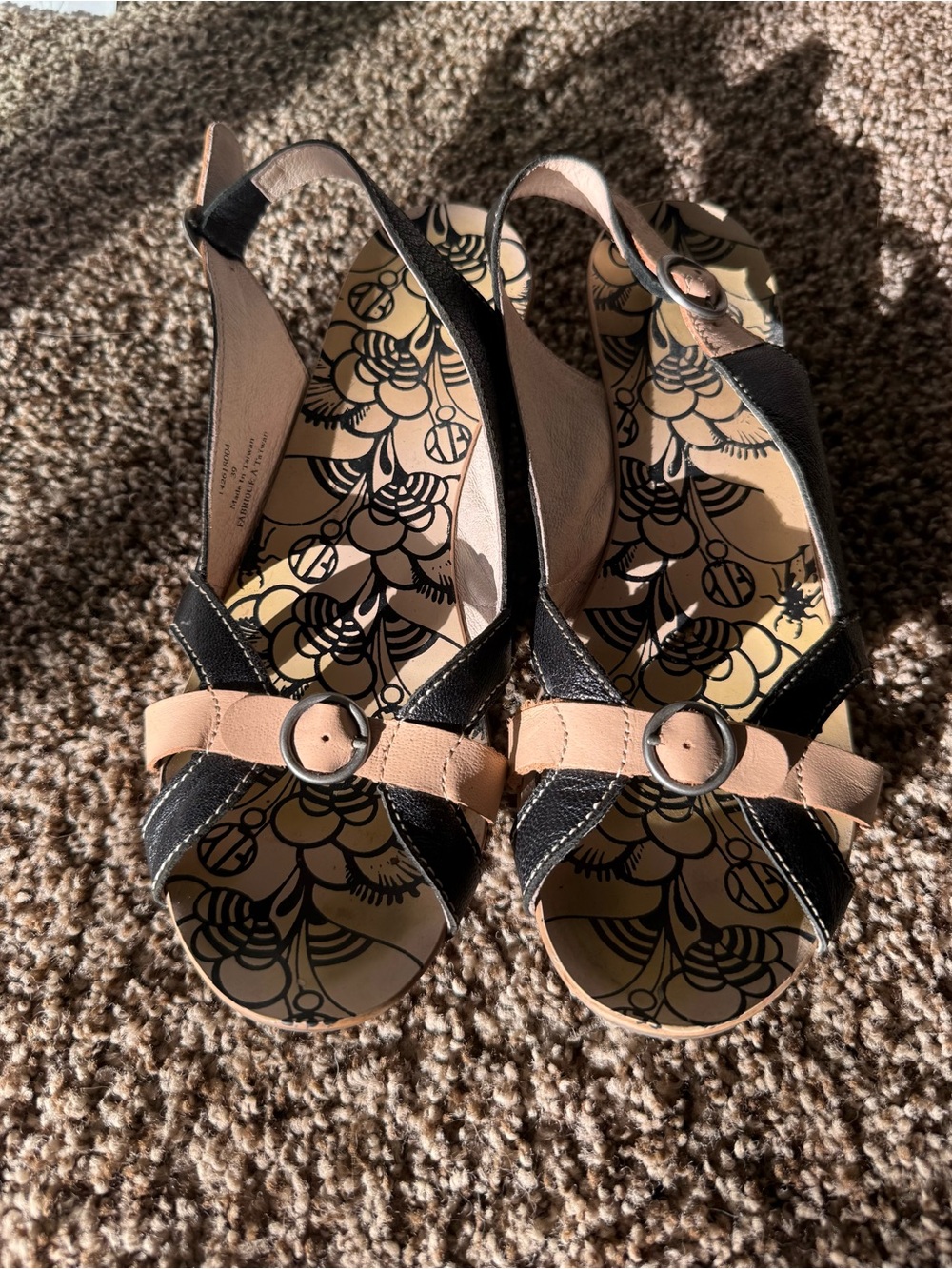 Fly London Two-Tone Black and Beige Leather Slingback Sandals